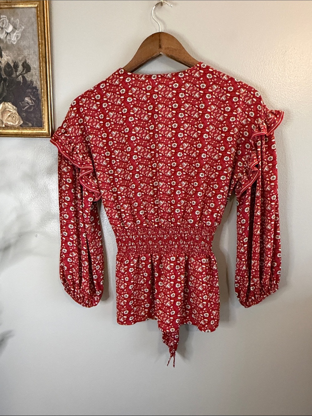 Max Studio Floral Tie Waist Peplum Blouse Red Ruffle Sleeve Boho Top Small - Picture 8 of 8